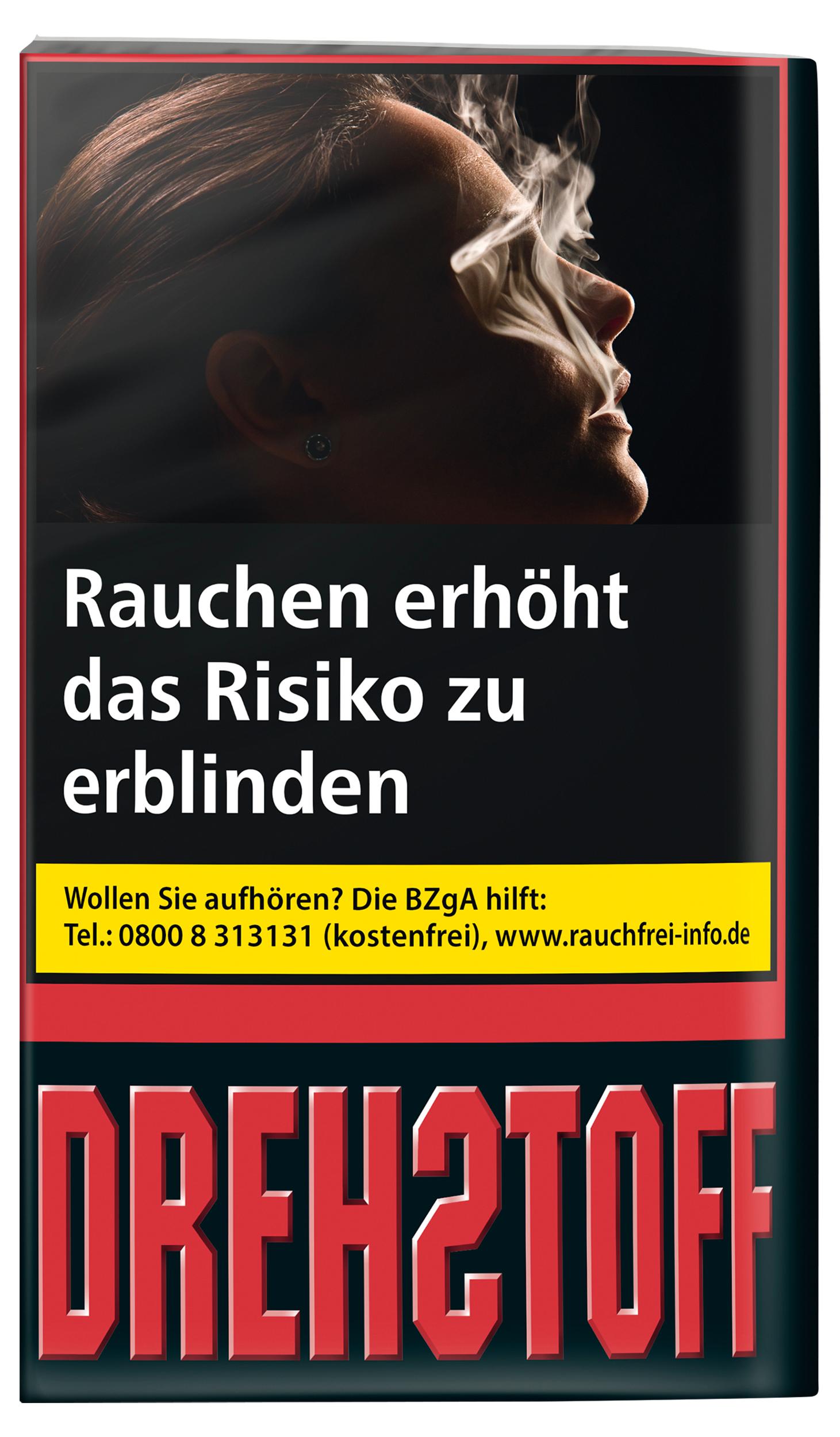 Drehstoff Tabak Halfzware Feinschnitt im 30 Gramm Pouch mit abgebildetem gesetzlichem Warnhinweis und Kontaktinformationen für Raucher.