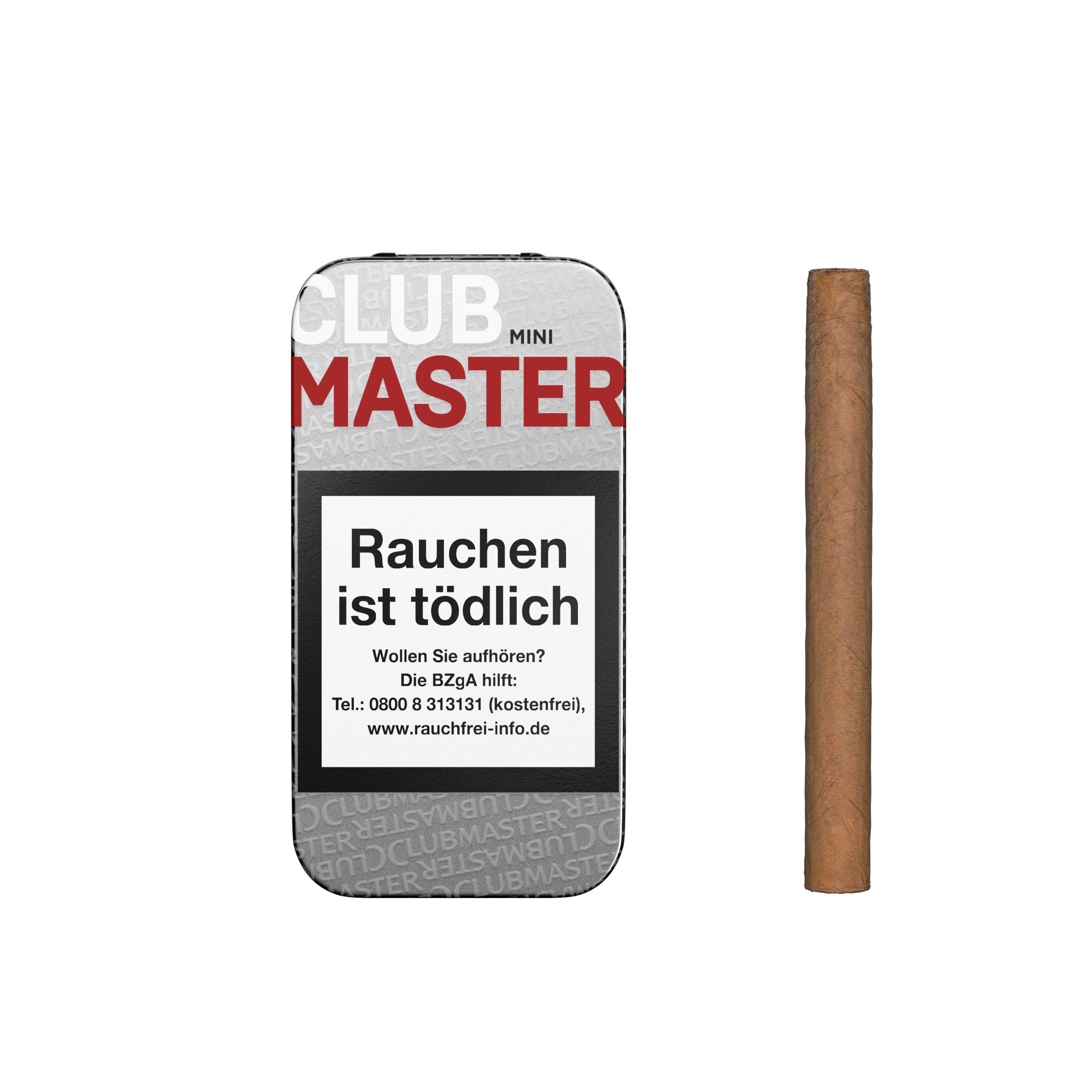 Clubmaster Mini Red Zigarillos ohne Filter in grauer Metalldose mit schwarzem Etikett der Marke Clubmaster. Verpackungseinheit: 1 Stange (10 Packungen à 5 Stück).