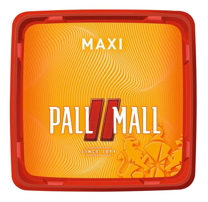 Pall Mall Allround Volumentabak Maxi Box in der 245 Gramm Einheit mit rotem Eimer-Design, Markenlogo und Löwen-Emblem.