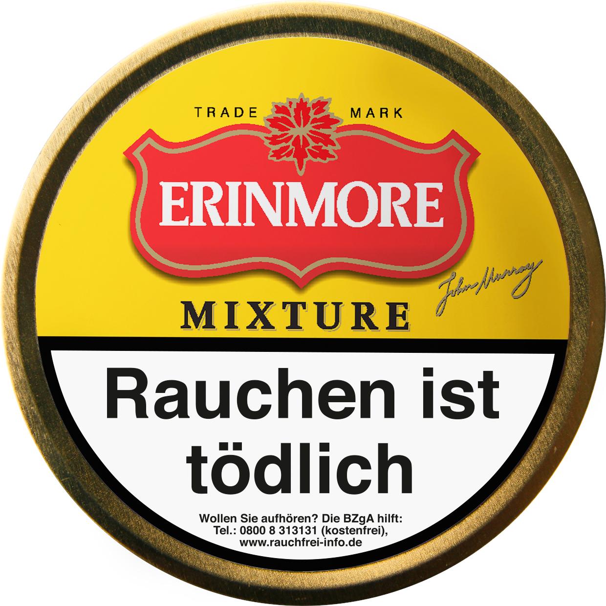 Runde gelbe Dose Erinmore Mixture Pfeifentabak von Erinmore mit rotem Logo und gesetzlichem Warnhinweis, 100 Gramm.