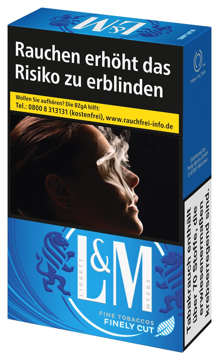Blaue und schwarze Packung L&M Blue Zigaretten mit 20 Stück Inhalt, mittlere Stärke, American Blend, mit gesetzlichen Warnhinweisen.