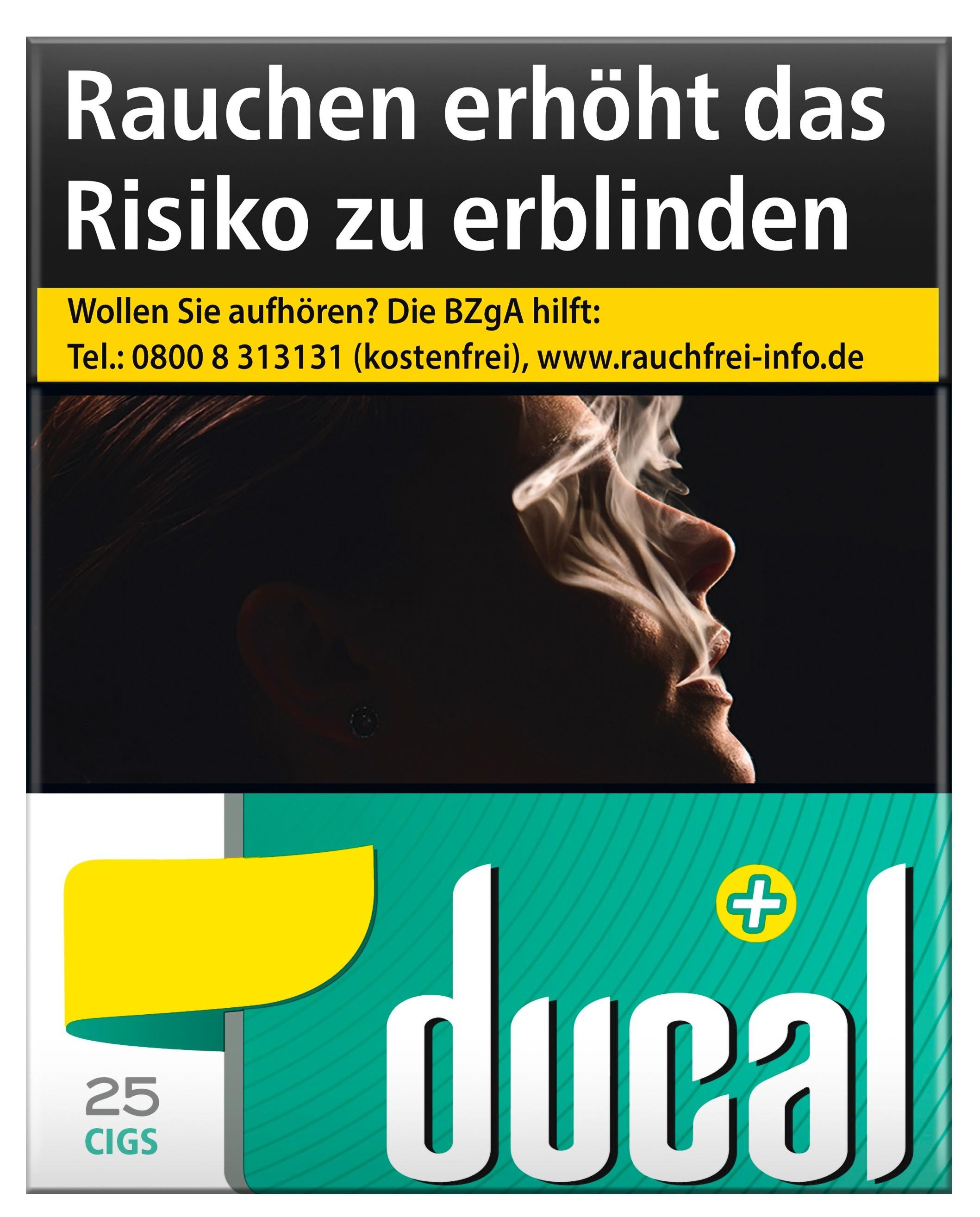 Ducal Plus XL Zigarettenpackung mit 25 Stück, markantem türkisfarbenem Design, gelbem Akzent und den gesetzlichen Warnhinweisen auf schwarzem Hintergrund.