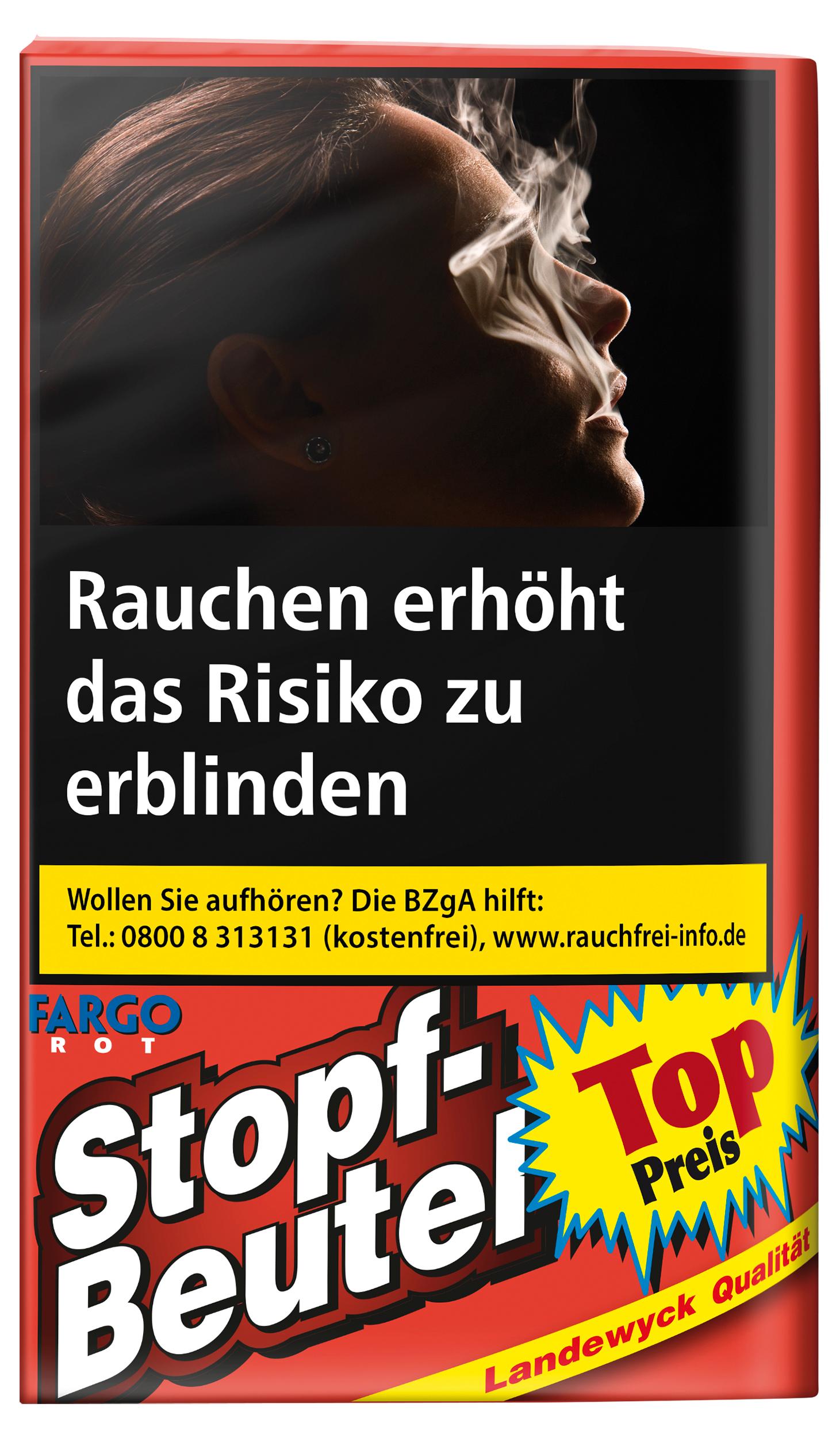 Fargo Zigarettentabak Stopf-Beutel Rot, ein starker American Blend Feinschnitt-Tabak, im Gebinde mit 10 Pouches à 30 Gramm.
