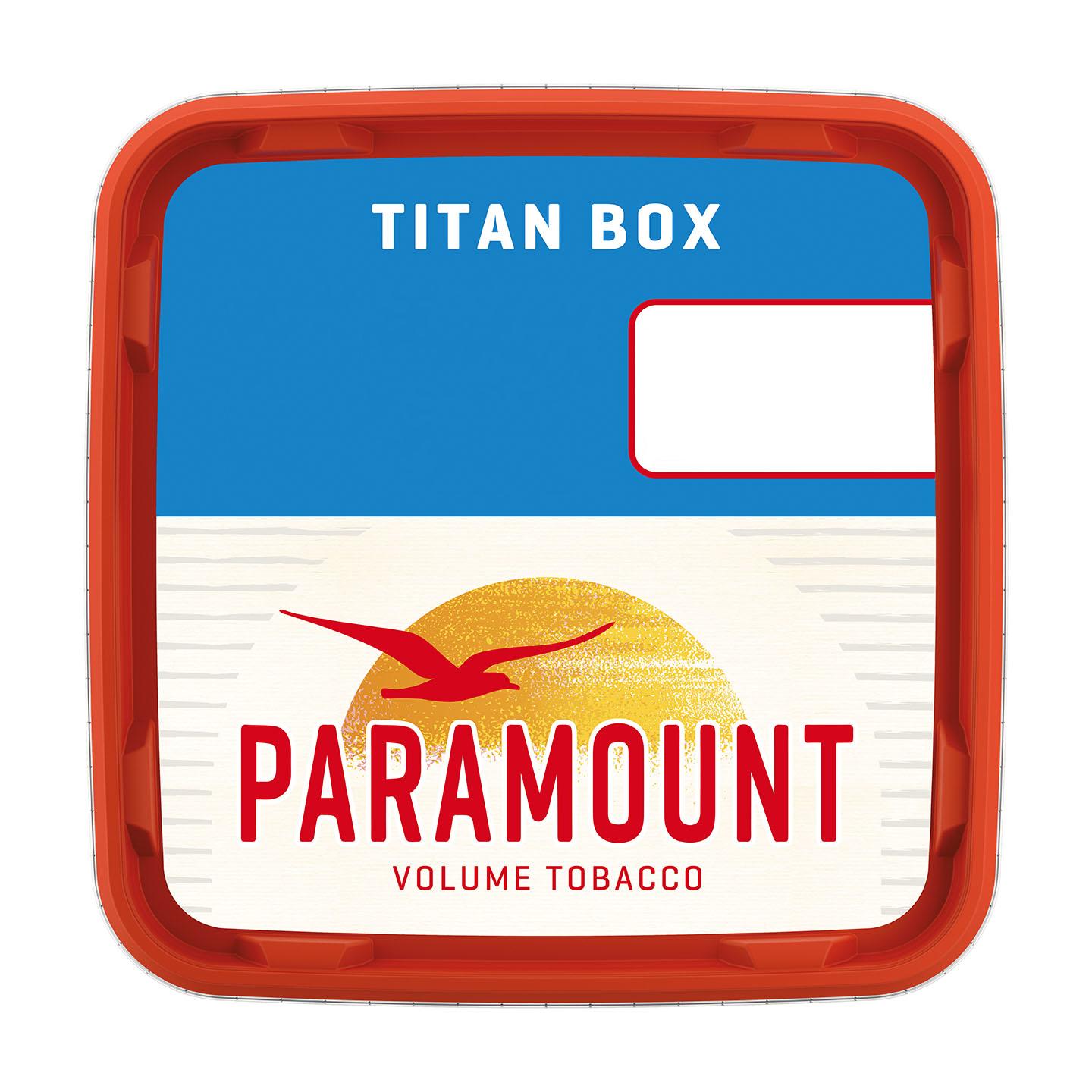 Quadratische orangefarbene Paramount Titan Box mit 300 Gramm Volumentabak, gekennzeichnet durch ein Logo mit rotem Vogel vor gelber Sonne.