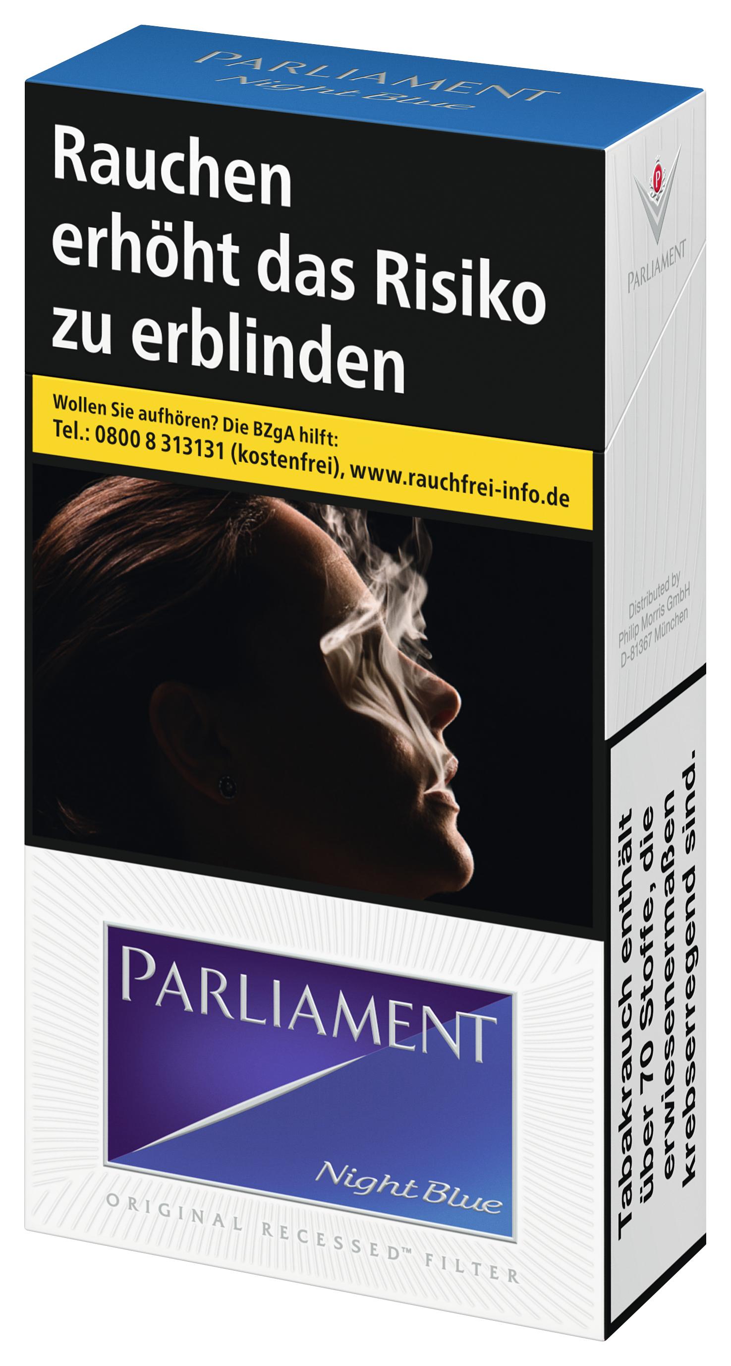 Packung Parliament Night Blue Filterzigaretten mit 20 Stück Inhalt der Marke Parliament.