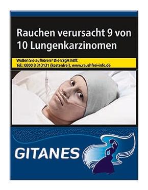 Gitanes Zigaretten ohne Filter, 1 Packung mit 20 Stück, mit aufgedrucktem gesetzlichem Warnhinweis und Kontaktinformationen zur Raucherentwöhnung.