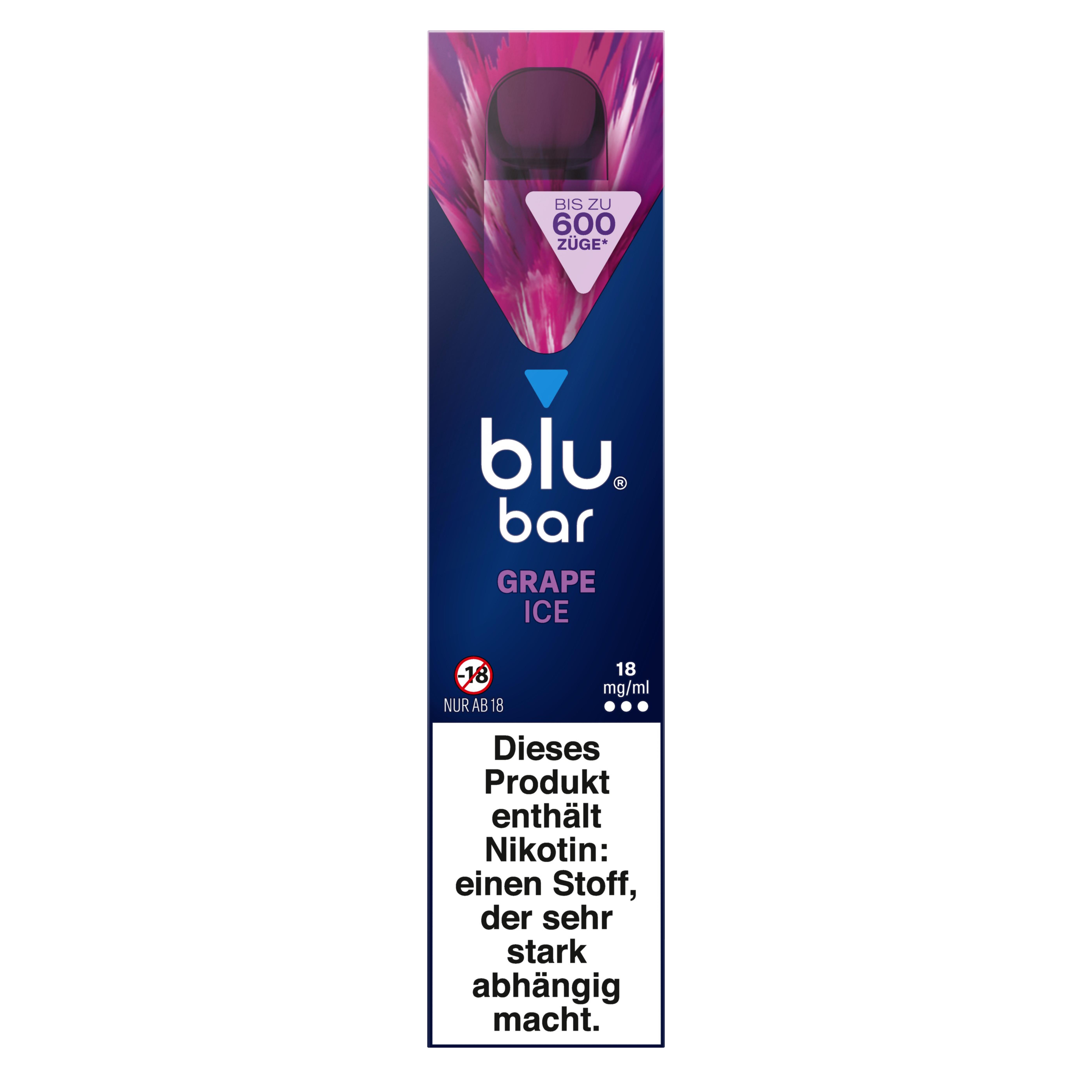 Blaue Verpackung einer blu bar Grape Ice E-Zigarette von myBlu mit dem Schriftzug "Blu bar" und der Geschmacksrichtung "Grape Ice", Angabe zu 18mg Nikotingehalt pro Milliliter und Warnhinweis, Verpackungseinheit: 1 Stück.