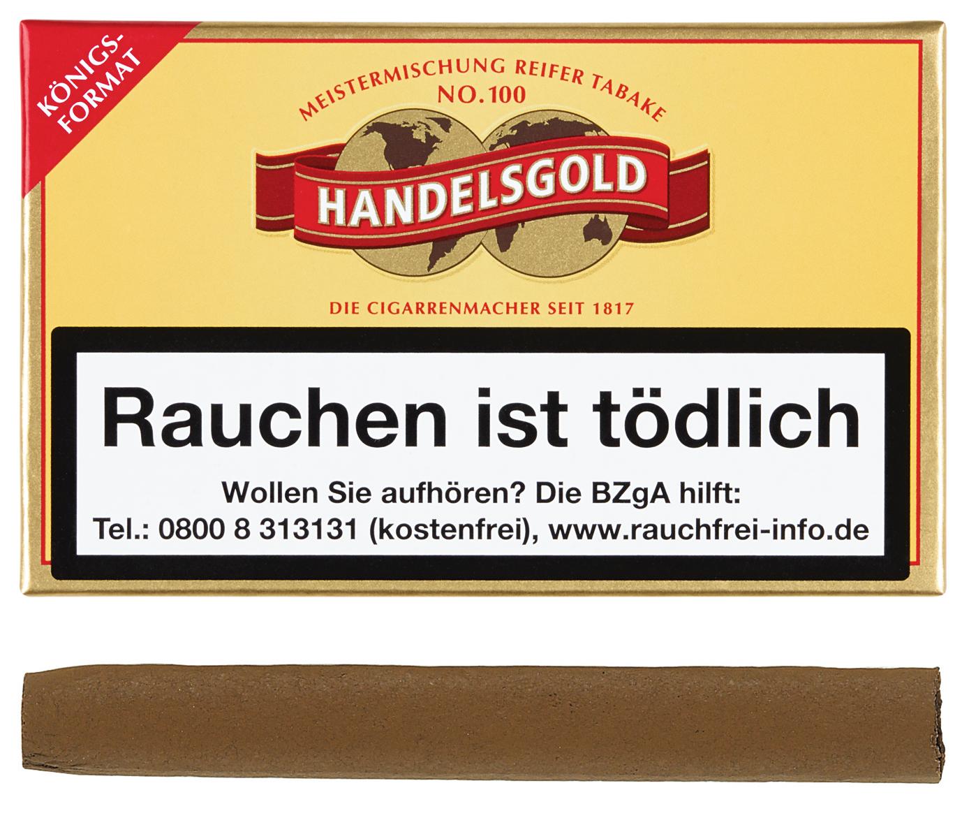 Handelsgold Zigarillo Königsformat mit Etikett "Meistermischung Reifer Tabake", sanfte Stärke, 10 Stück Packung.
