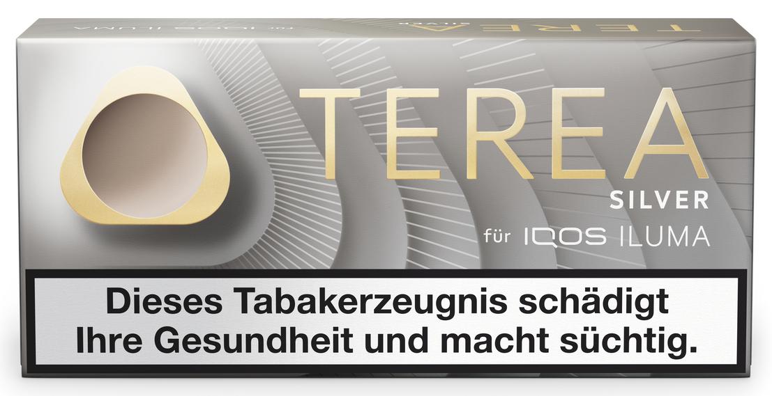 TEREA Silver Tabaksticks für IQOS ILUMA in einer grauen Verpackung, Inhalt 10 Packungen mit je 20 Stück.