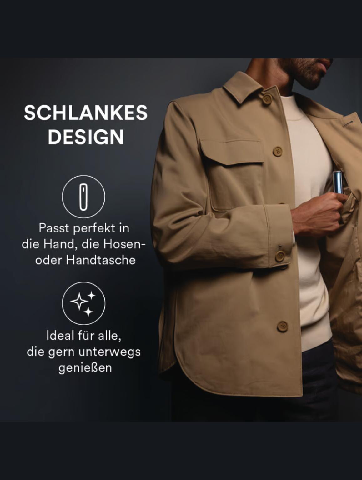 Schlanker Ploom Aura Tabakerhitzer in der Farbe Jet Black als einzelnes Gerät mit moderner Heat-not-Burn-Technologie für eine saubere Anwendung.