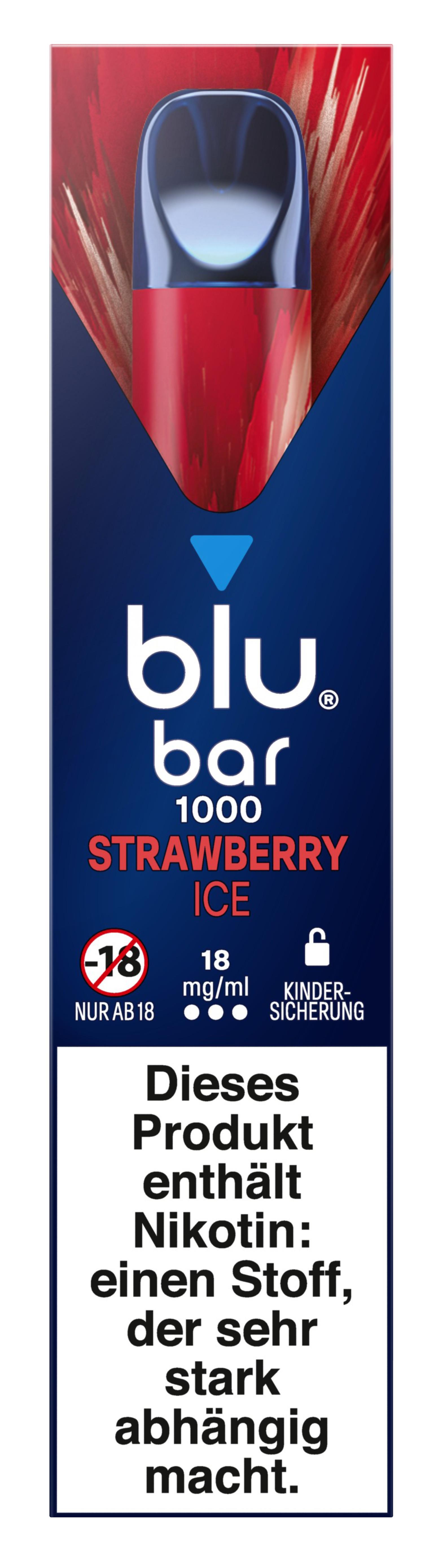 Blaue Produktverpackung der blu bar 1000 mit 18mg Nikotingehalt und gesetzlichem Warnhinweis für eine Packung mit einem Stück.