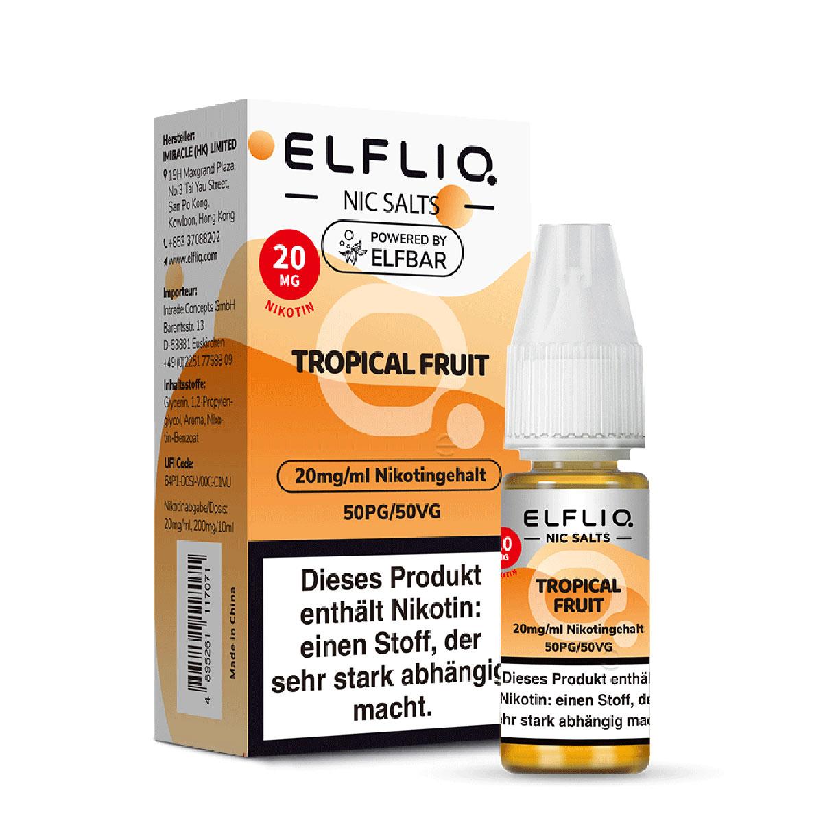 ELFLIQ by Elfbar E-Liquid Flasche mit 20mg/ml Nikotinsalz und zugehöriger Verpackung in einer Packung mit einem Stück.