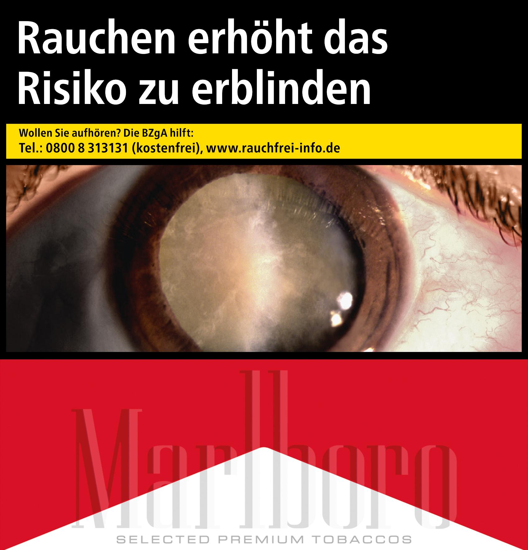 Marlboro Red 7XL Zigaretten Packung mit Warnhinweis "Rauchen erhöht das Risiko zu erblinden" und Augen-Motiv in Schwarz und Rot. Verpackungseinheit: 54 Stück.