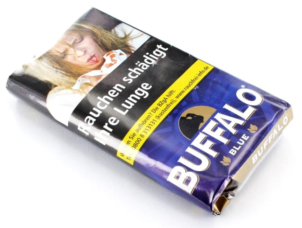 Buffalo Zigarettentabak Blue, milder Halfzware Feinschnitt, 40g Pouch mit blauer Verpackung und Warnhinweis.