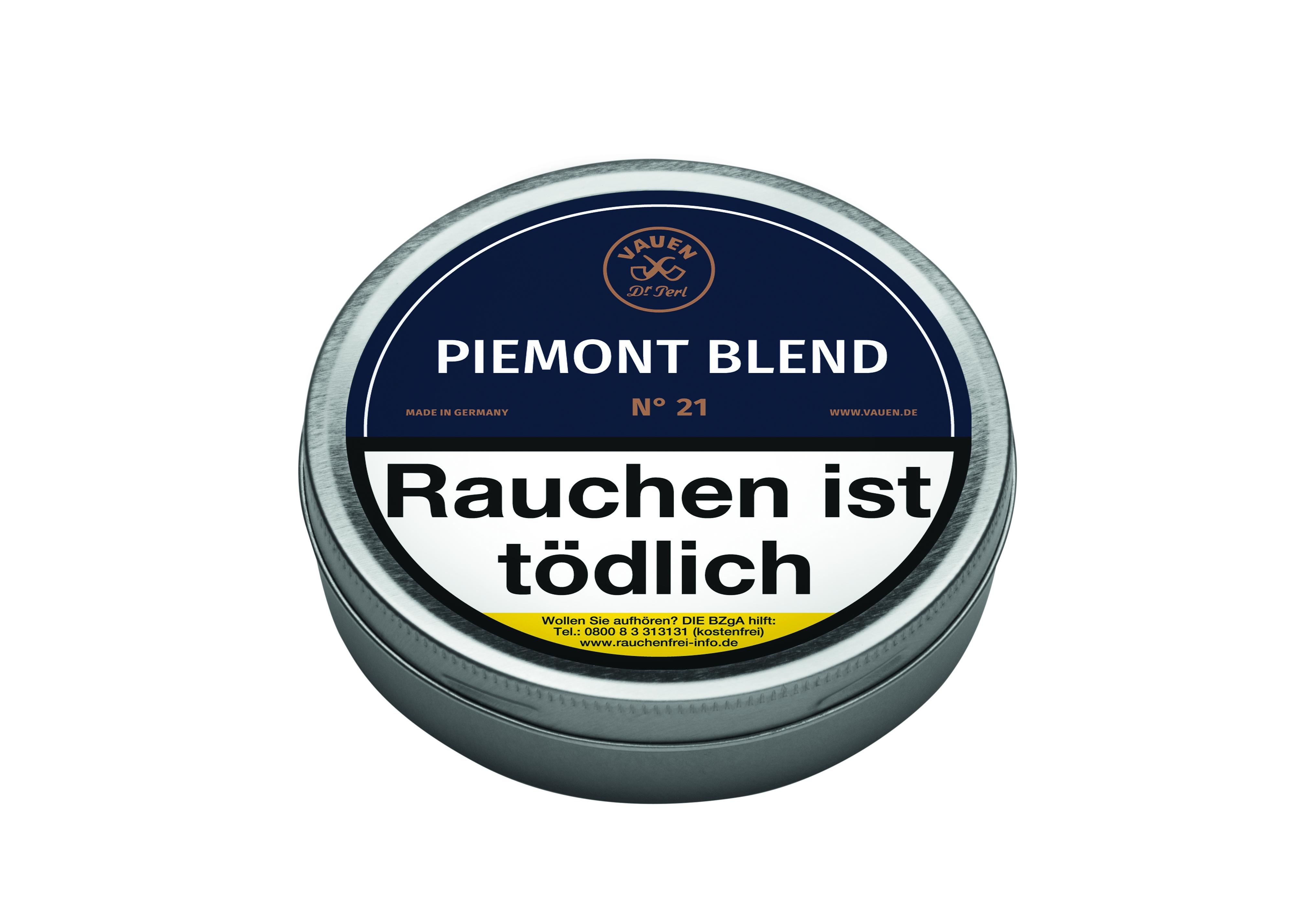 50 Gramm Vauen Pfeifentabak Piemont Blend No. 21 in runder silberner Dose mit blauem Etikett und weißer Schrift.