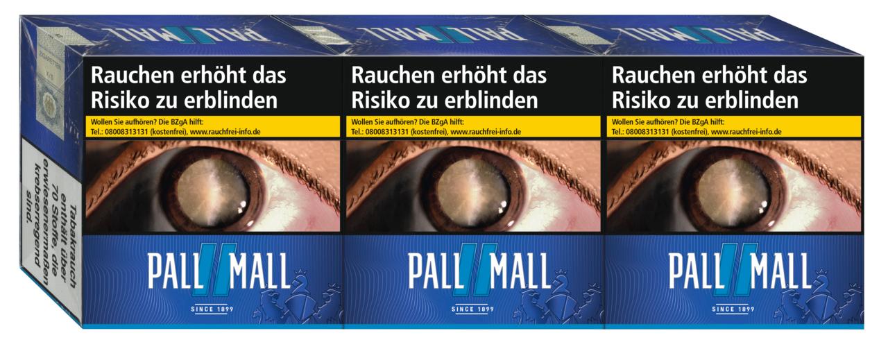Drei blaue Packungen Pall Mall Blue Hercules Zigaretten mit Auge und Warnhinweis, Verpackungseinheit 3 Packungen á 60 Stück.