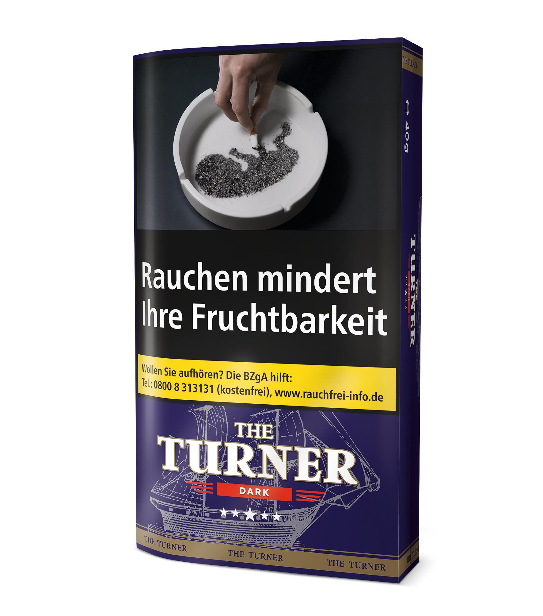 The Turner Dark Zigarettentabak, 40 Gramm Packung Zware Shag mit Dark Fired Kentucky, in lila Verpackung mit goldenen Akzenten und Schiffs-Motiv.