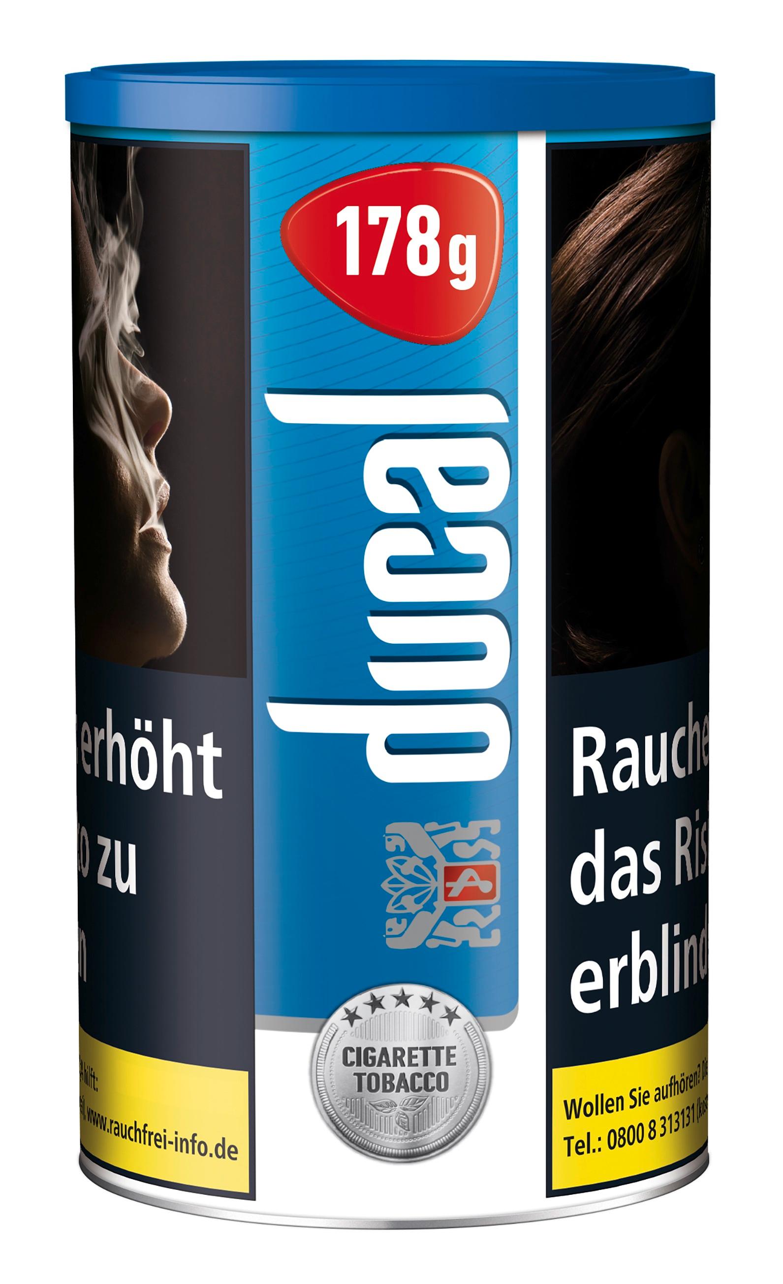 Dose Ducal Blue Zigarettentabak, 178g Packungseinheit, mit blau-weiß-roter Verpackung und Warnhinweis "Rauchen schadet Ihren Augen".