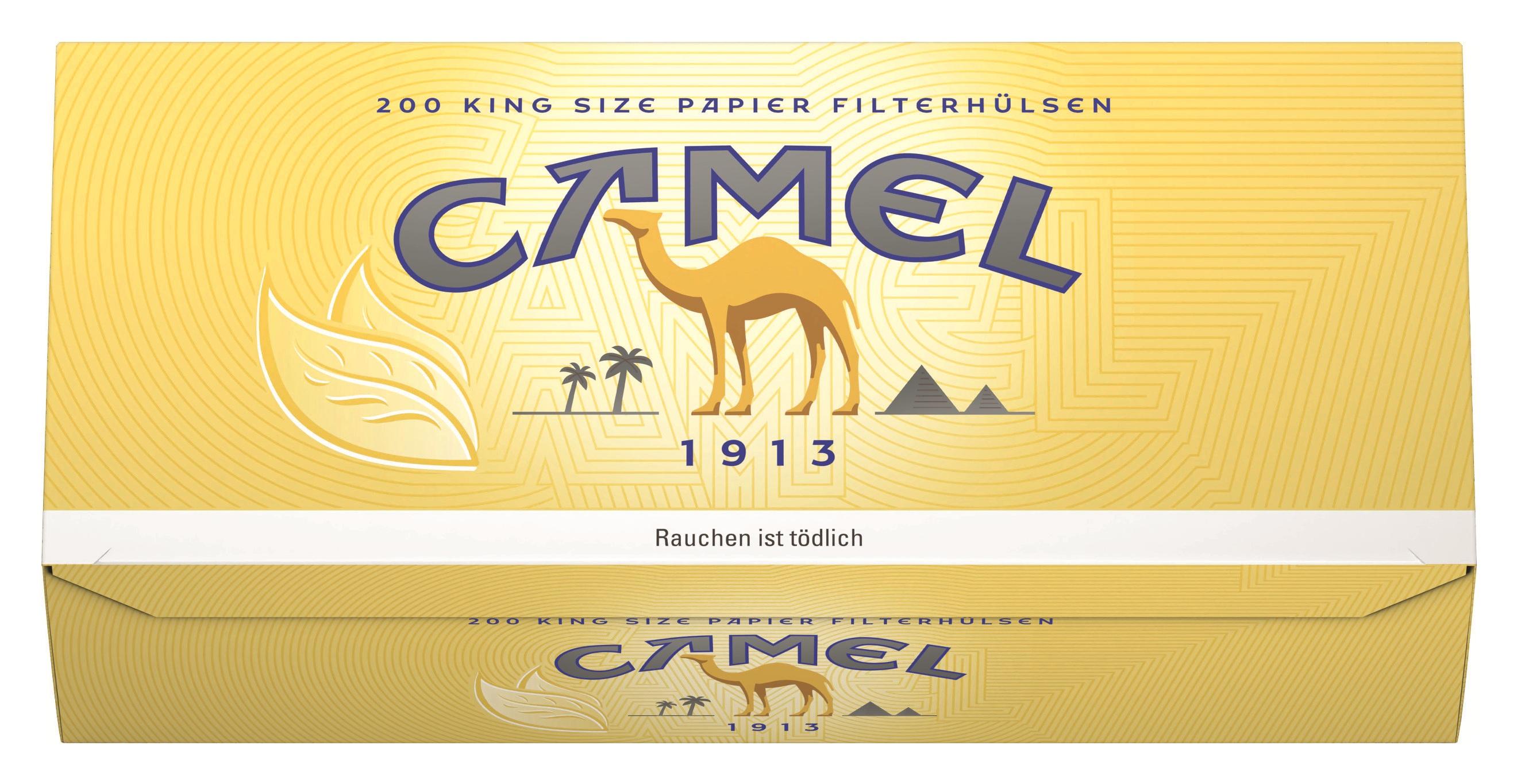 Gelbe Packung Camel Zigarettenhülsen im King-Size-Format mit 200 Stück Inhalt inklusive Markenlogo und Schriftzug Camel 1913.