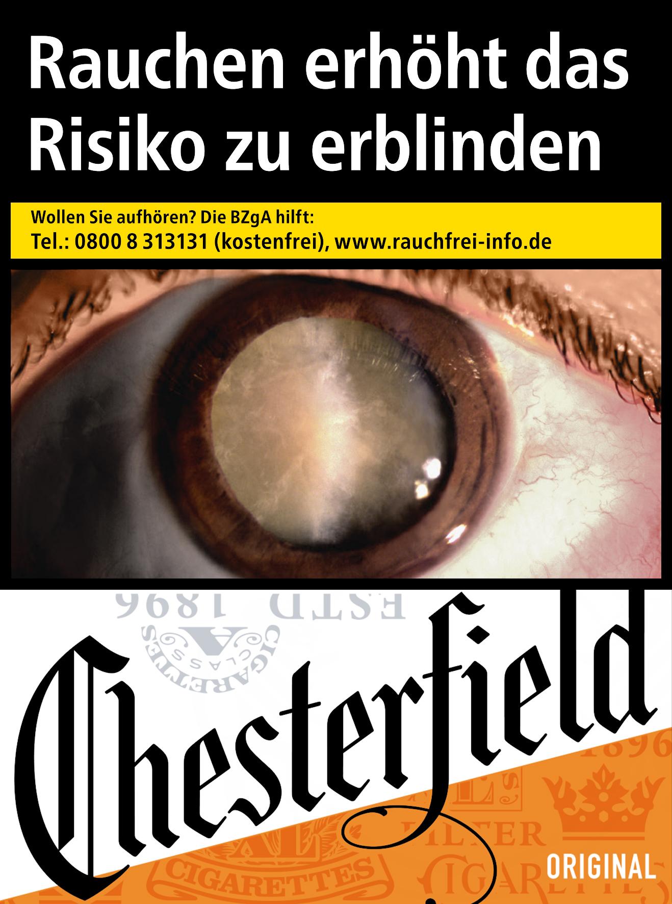 Packung Chesterfield Red 2XL Zigaretten (26 Stück). Schwarz-weiße Werbung mit Nahaufnahme eines Auges und Warnhinweis 'Rauchen erhöht das Risiko zu erblinden', Chesterfield Original Markenlogo im orangen Hintergrund.