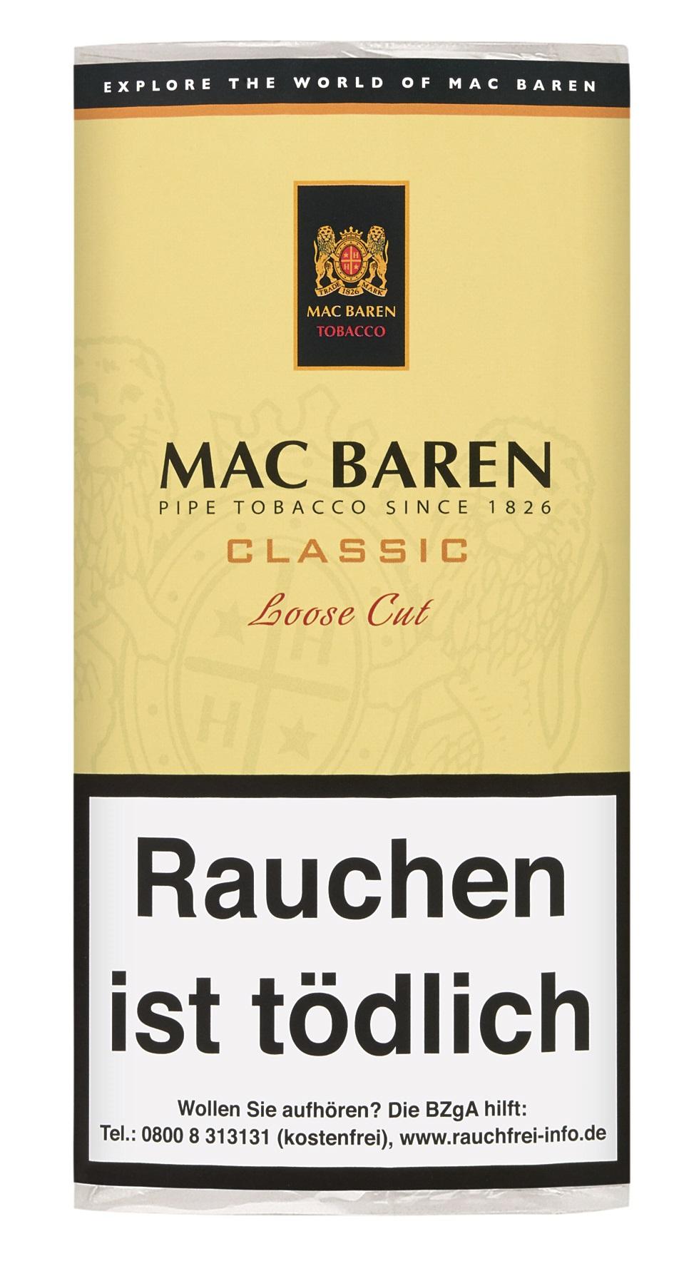 Gelbe Packung Mac Baren Classic Loose Cut Pfeifentabak, ein fein geschnittener Pfeifentabak mit Vanillecreme-Aroma und Plugstückchen, bestehend aus Virginia und Black Cavendish Tabaken. Die Verpackung der Marke Mac Baren ist gelb mit schwarzer und goldene