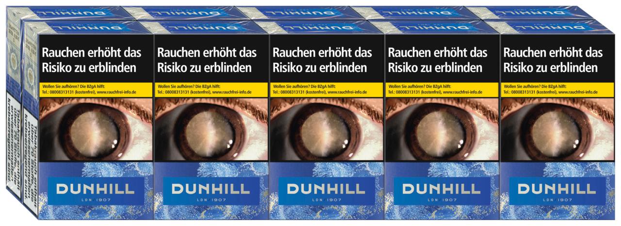 Eine Stange Dunhill Blue King Size Filterzigaretten mit blauen und weißen Packungen, Dunhill Logo und LN 1907 Markierung.
