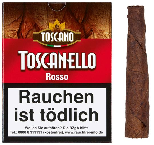 Teilweise geöffnete rote Packung Toscano Toscanello Zigarren Rosso von Toscano, enthält 5 Stück.