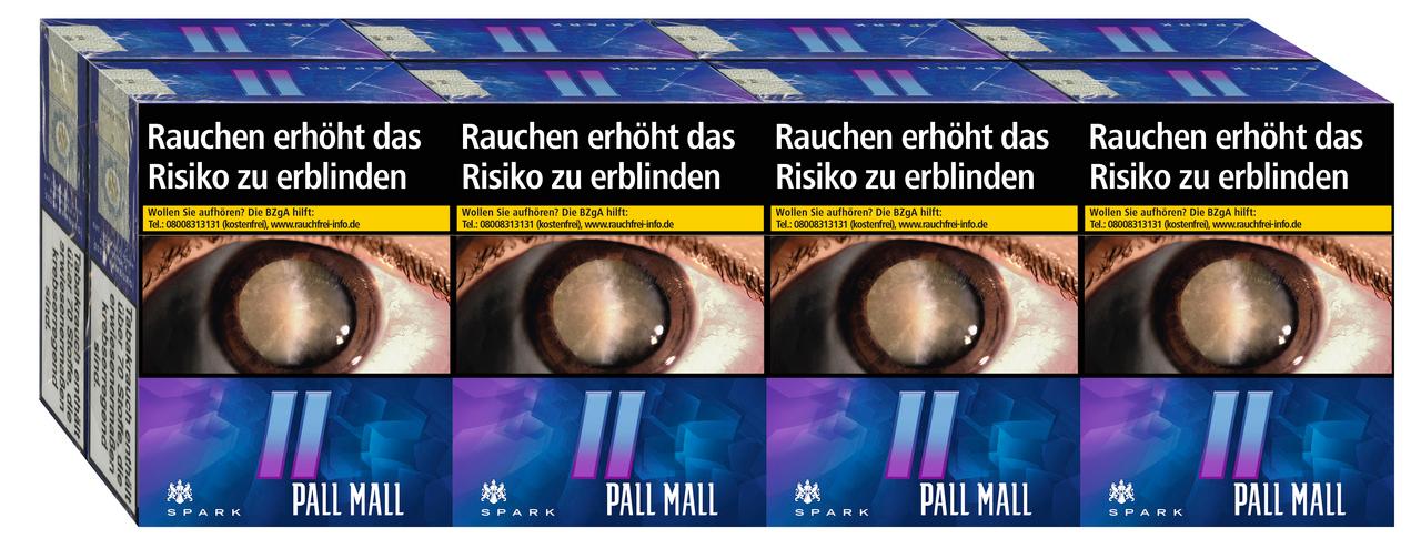 Eine Stange Pall Mall Spark Giga Zigaretten (8 Packungen á 25 Stück) mit lila-blauem Design und Aktivkohlefilter.