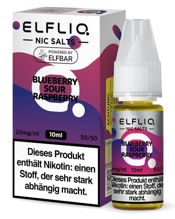 Flasche ELFLIQ E-Liquid 10mg mit lila-pinkem Etikett und zugehöriger Verpackung, powered by Elfbar, 1 Stück.