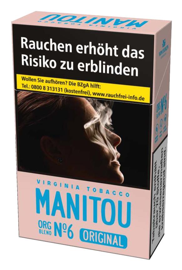 Manitou Zigaretten Organic No. 6 Pink in der Stange mit 10 Packungen zu je 20 Stück, verpackt in der charakteristischen rosafarbenen Schachtel.
