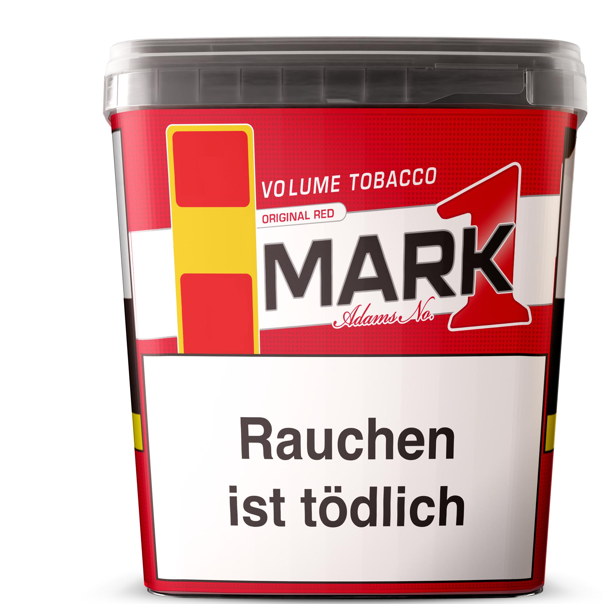 Mark 1 Red Volumentabak im 320 Gramm Eimer mit rot-weißem Design, American Blend Mischung und Warnhinweis zur gesundheitlichen Schädlichkeit.