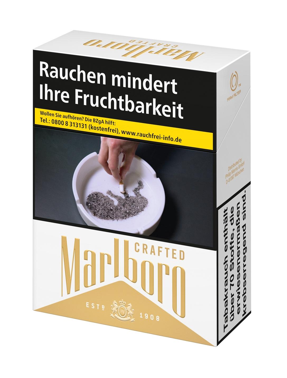 Marlboro Crafted Gold XXL Zigarettenpackung mit 28 Stück, weiß-goldenes Design mit aufgedruckten gesetzlichen Warnhinweisen und Informationen zur Tabakprävention.