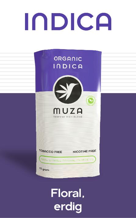 MUZA Indica terpenreicher Tabakersatz in der 20 Gramm Packung mit weiß-violetter Gestaltung und schwarzem Vogel-Logo.