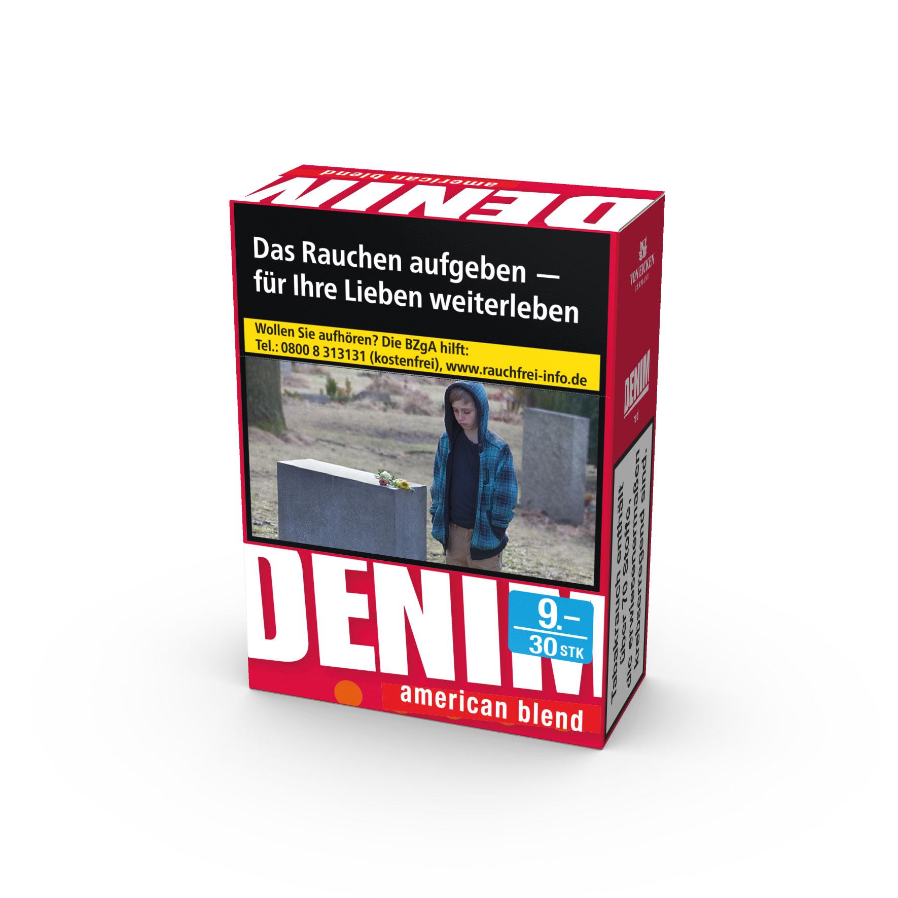 Rote und weiße 30er-Packung Denim Zigaretten der Sorte Red American Blend von Denim.