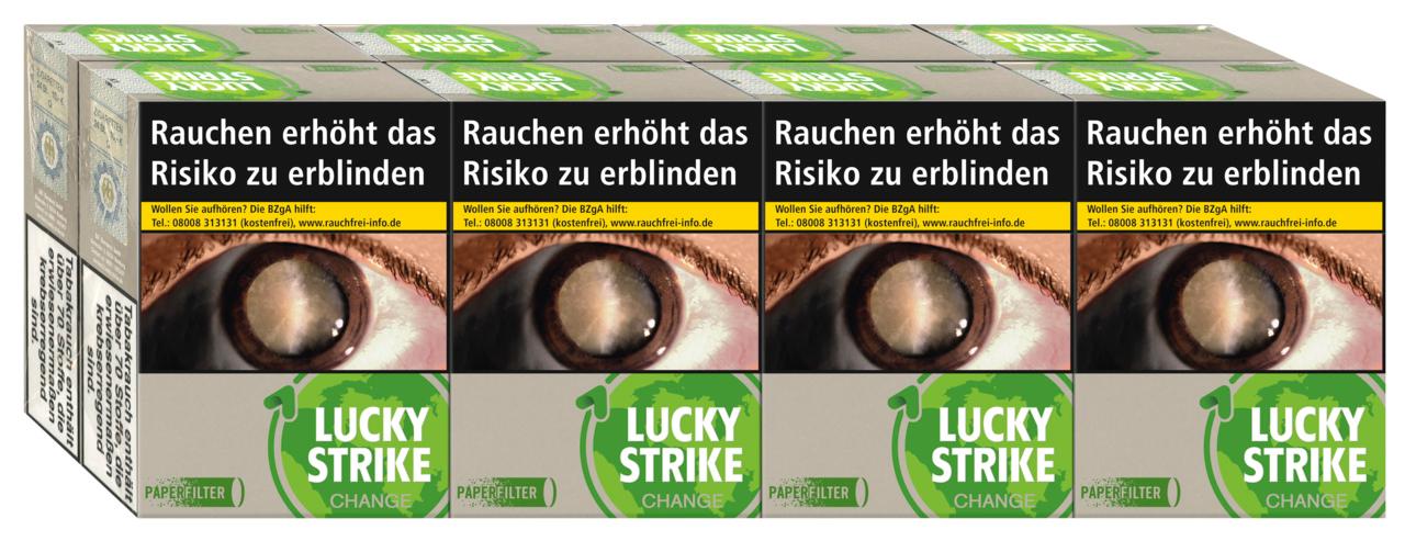 Eine Stange Lucky Strike Zigaretten Change Green Giga (8x24 Stück), beige Schachtel mit grün-weißem Change Design.