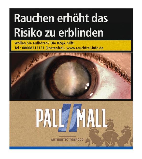 Pall Mall Zigaretten Authentic Blue Super Packung in Beige mit Augen-Design, Aufschrift und Wappen-Detail, enthält 31 Stück.
