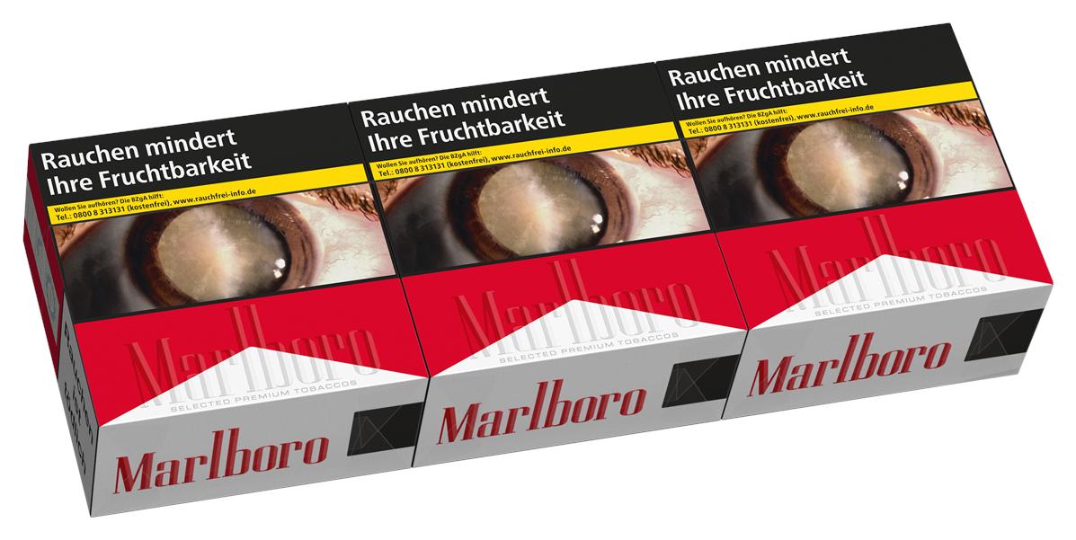 Produktbild: Drei rot-weiße Marlboro Red 7XL Zigarettenpackungen (3 Packungen á 54 Stück) gestapelt, mit Marlboro-Logo und Warnhinweis "Rauchen mindert Ihre Fruchtbarkeit".