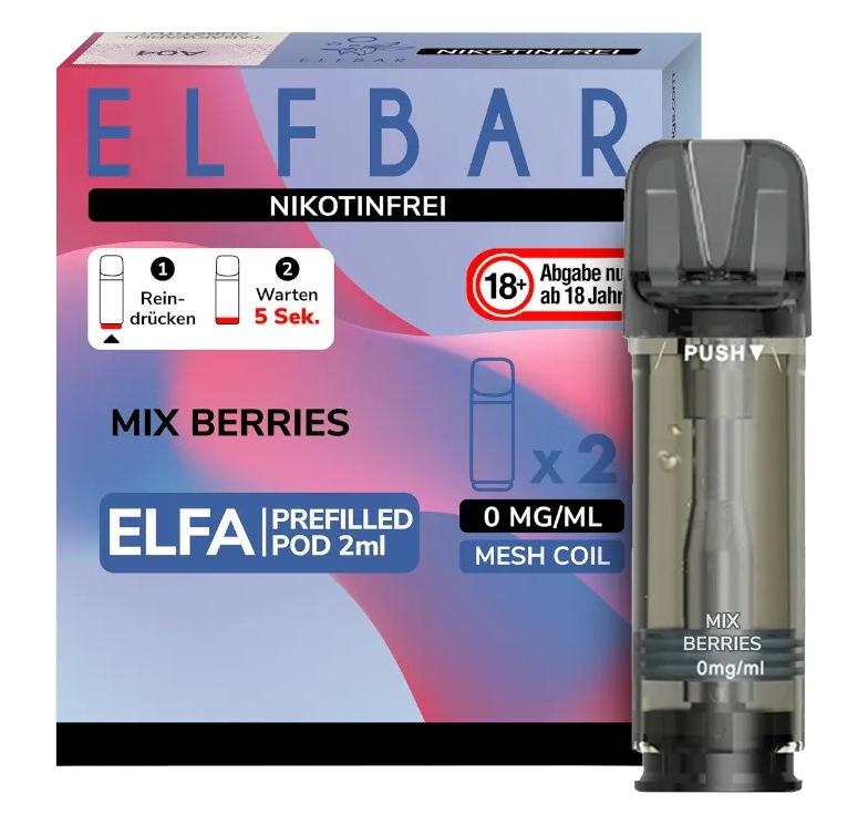 Elfbar ELFA Pods Mix Berries nikotinfrei, 2 Stück mit Mesh Coil, geeignet für das ELFA Pod-Kit zur magnetischen Fixierung.