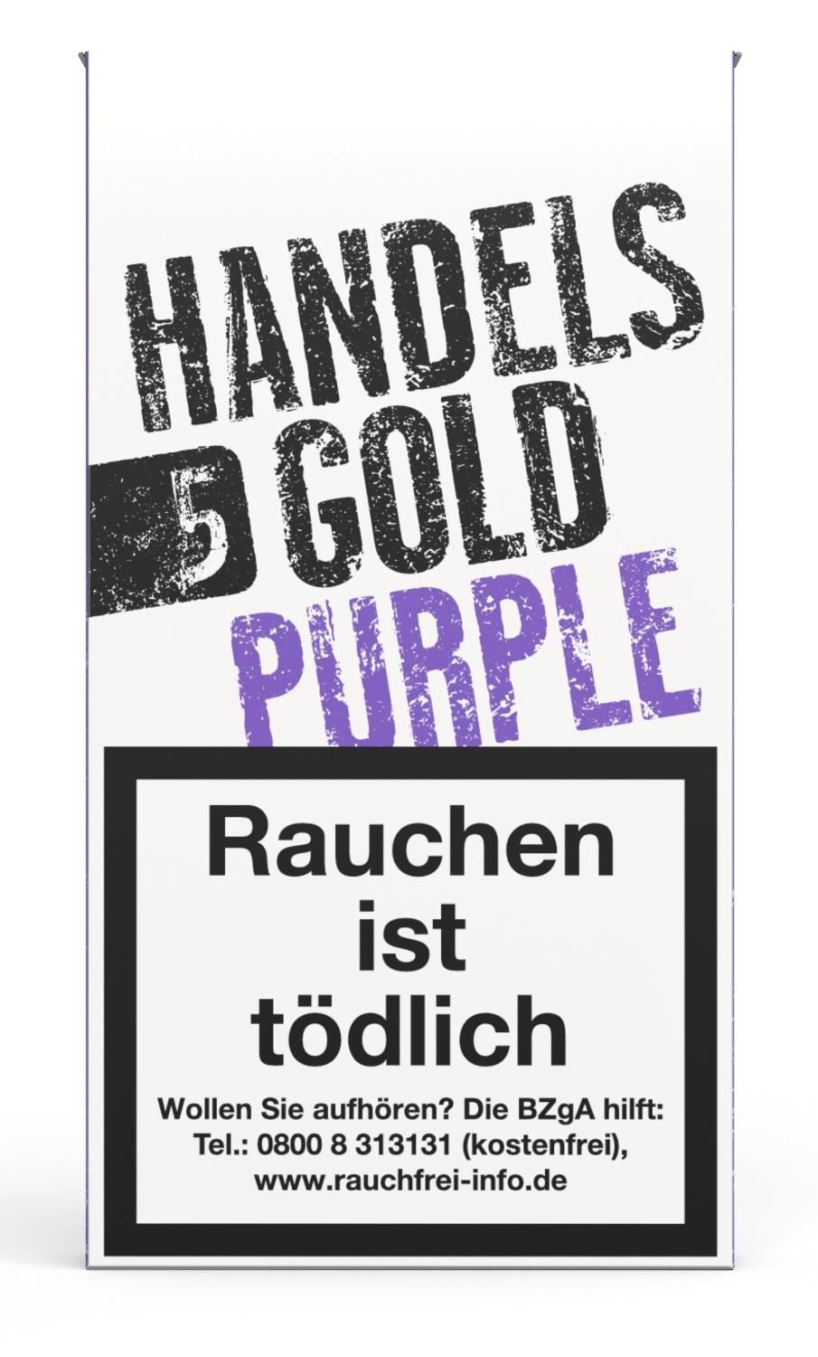 Packung Handelsgold Zigarillos Purple von Handelsgold als 1 Packung mit Aufdruck 'HANDELS 5 GOLD PURPLE' und mittelbraunem Deckblatt.