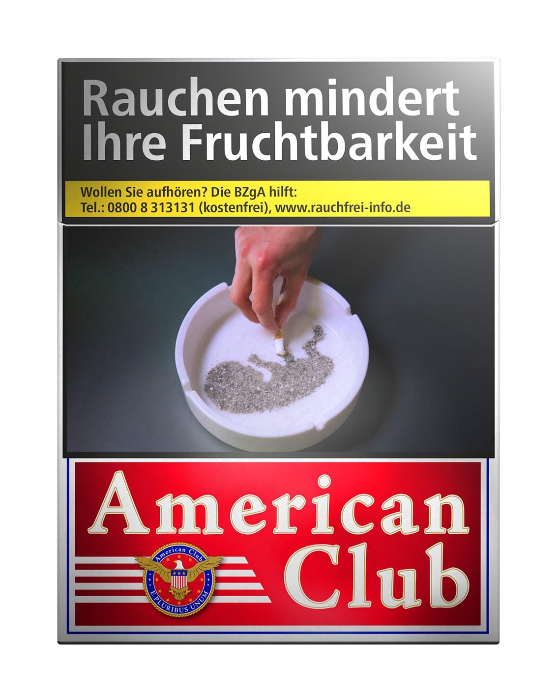 American Club Filterzigaretten Big Pack 1 Packung 25 Stück American Club Filterzigaretten Big Pack mit 25 Stück, American Blend Tabakmischung, mit American Club Logo und deutscher Warnabbildung.