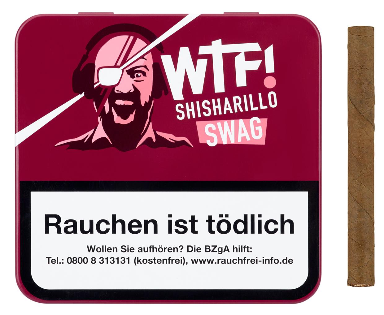 Rote rechteckige Dose WTF! Shisharillo Swag Kirsche (20 Stück) mit einzelnem Shisharillo daneben.