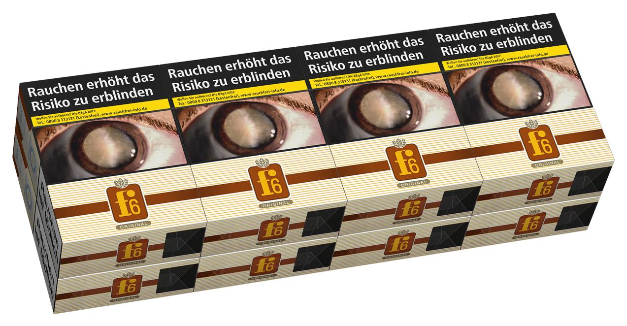 F6 Original XL Zigaretten 1 Stange (8 Packungen) von F 6 im beigefarbenen Packungsdesign mit gelbem Streifen und Warnhinweis, mit kurzem Filter.