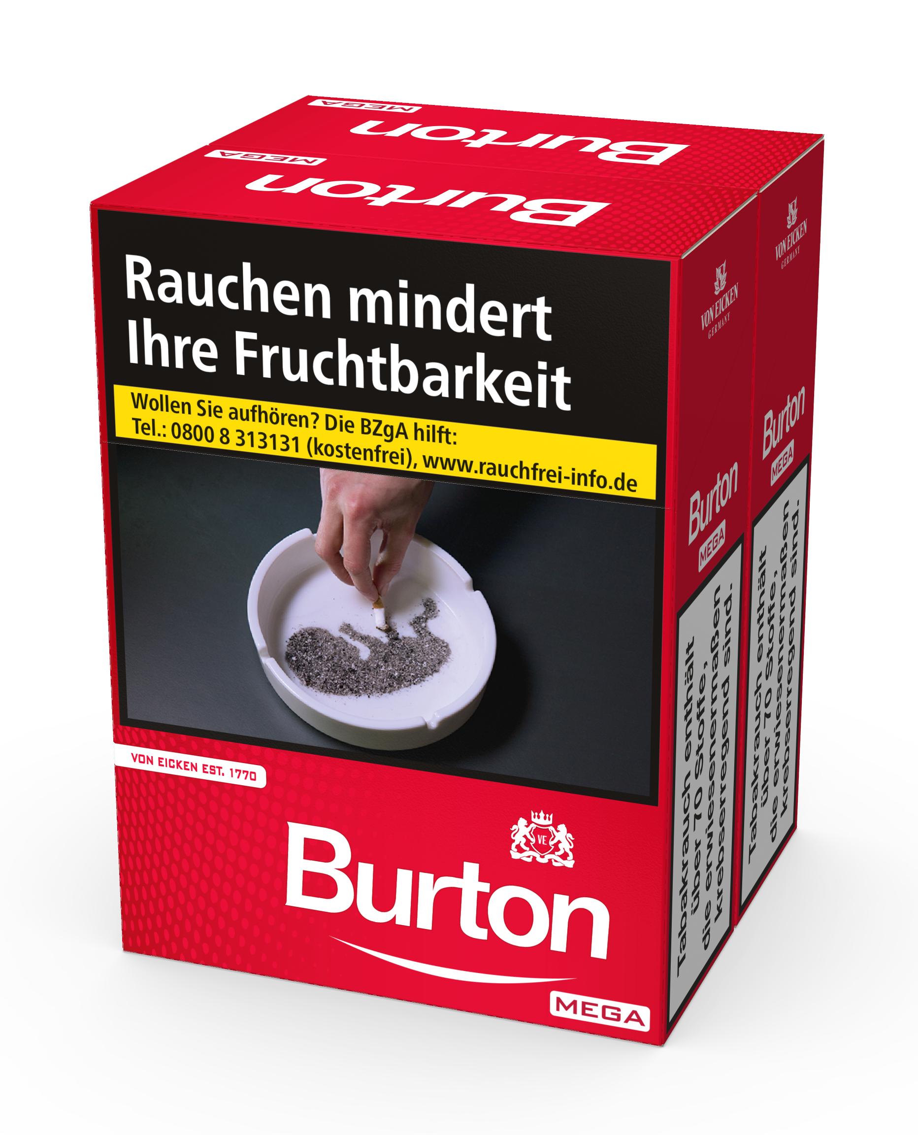 Burton Original 5XL Duo-Pack Zigaretten mit American Blend Tabakmischung in rot-weißer Verpackung, Teil einer Stange mit 4 Packungen à 58 Stück.