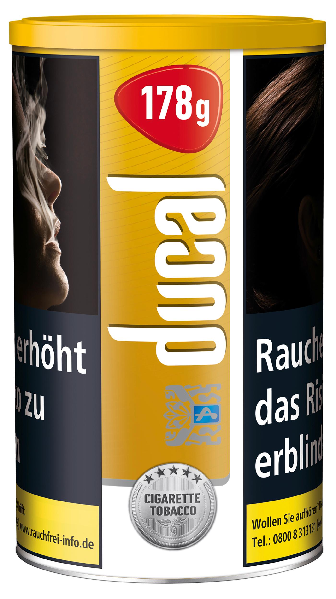 Eine 178-Gramm-Dose Ducal Gold Zigarettentabak der Marke Ducal in Gelb und Weiß, mit roter und blauer Beschriftung, die den Markennamen und bildliche Warnhinweise enthält. Der Tabak ist eine leichte Mischung aus Virginia und Burley.
