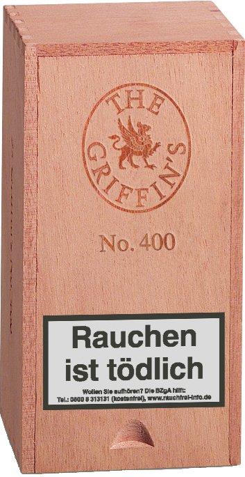 The Griffin's Zigarren No. 400 als 5er Packung in einer hellbraunen Holzbox mit dem charakteristischen Greifen-Logo auf der Vorderseite.