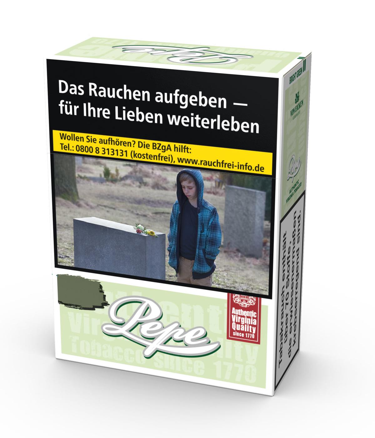 Pepe Zigaretten Bright Green MP von Pepe in einer grünen und weißen Schachtel, die ein schwarzes Label mit einem Jungen an einem Grab und dem deutschen Text "Das Rauchen aufgeben – für Ihre Lieben weiterleben" zeigt, als Stange mit 8 Packungen à 30 Stück.