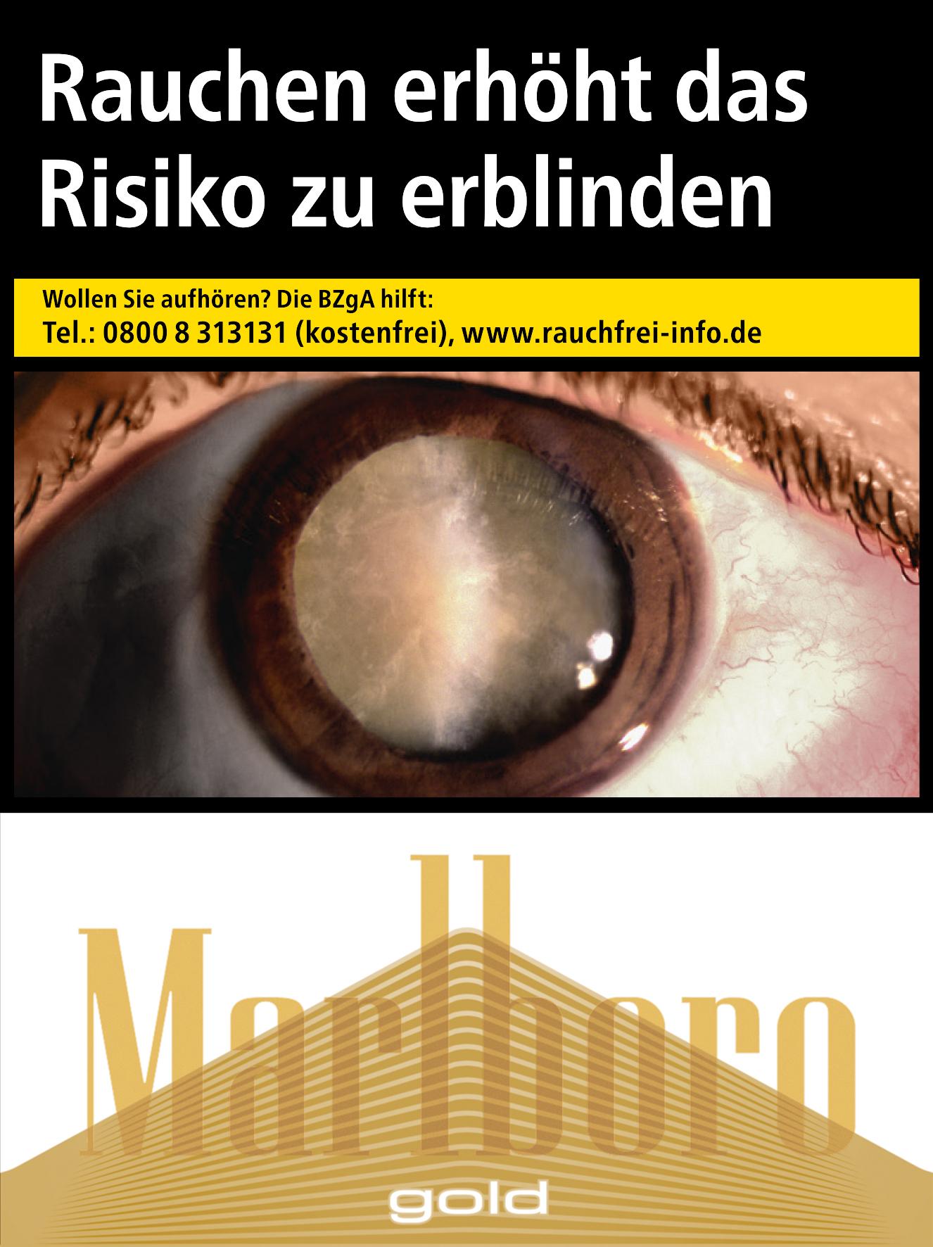 Marlboro Gold 2XL Zigaretten in einer Packung mit 24 Stück; die Packung zeigt in Nahaufnahme ein menschliches Auge und das goldfarbene Marlboro-Logo, sowie den Warnhinweis "Rauchen erhöht das Risiko zu erblinden" in deutscher Sprache.