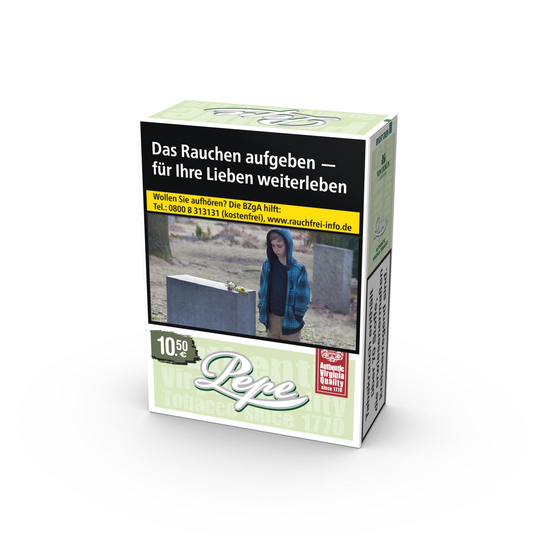 Packung Pepe Bright Green Zigaretten mit 30 Stück. Die hellgrüne Packung zeigt ein schwarz-weißes Label mit Warnhinweisen und einer Abbildung. Diese Zigaretten bestehen aus einer Virginia Blend Tabakmischung ohne Zusatzstoffe für einen dezenten Rauchgenus