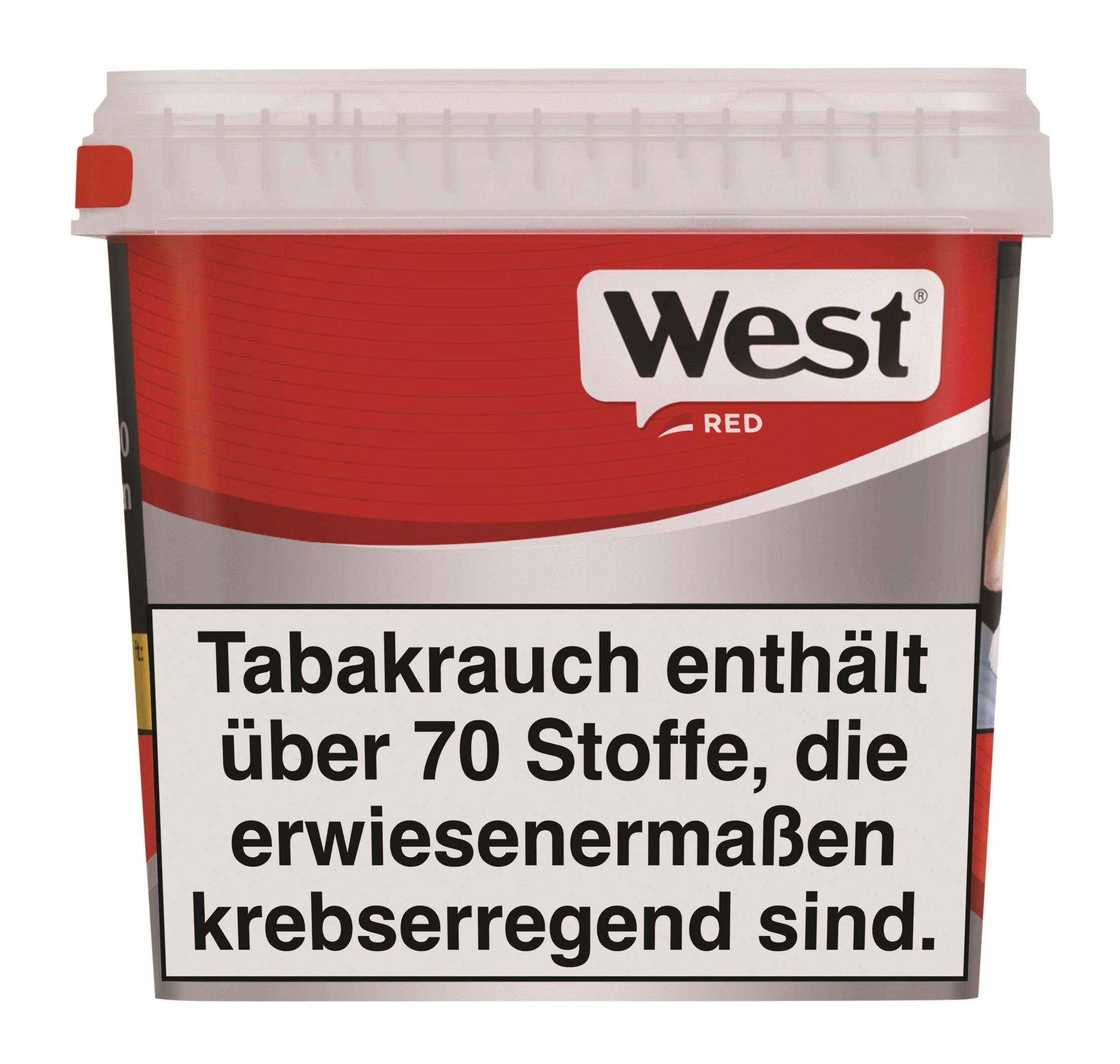 Rot-weiße 300-Gramm-Packung West Red Volumentabak mit dem Markenlogo und einem deutschsprachigen Warnhinweis.