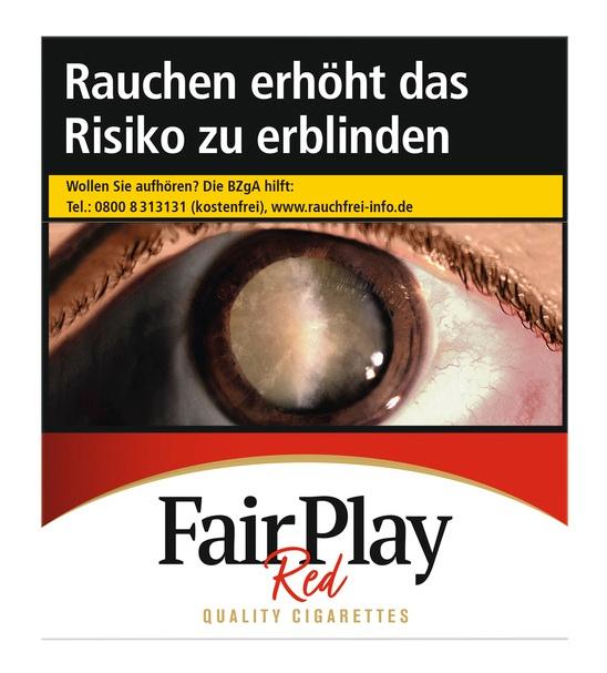 Packung Fair Play Filter XXXL Zigaretten mit Warnhinweis 'Rauchen erhöht das Risiko zu erblinden', 30 Stück.